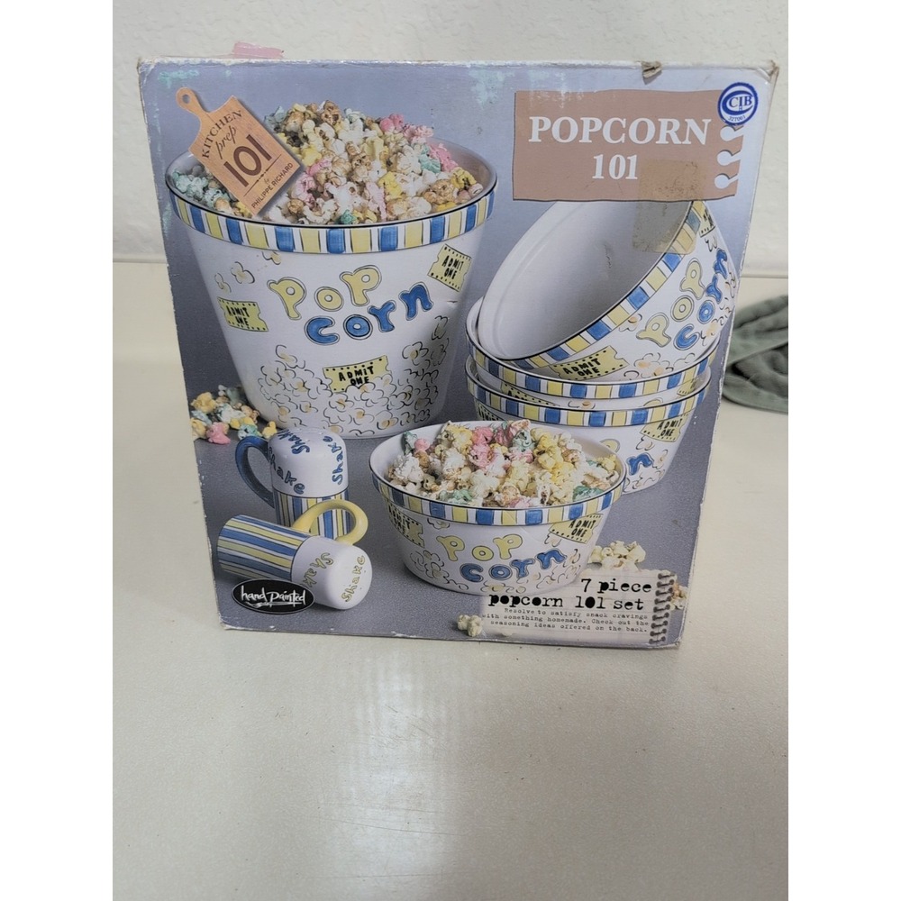 Popcorn 101 Set Of 7 Blue Theater Vintage Kitchen Salt Shakers New In Box